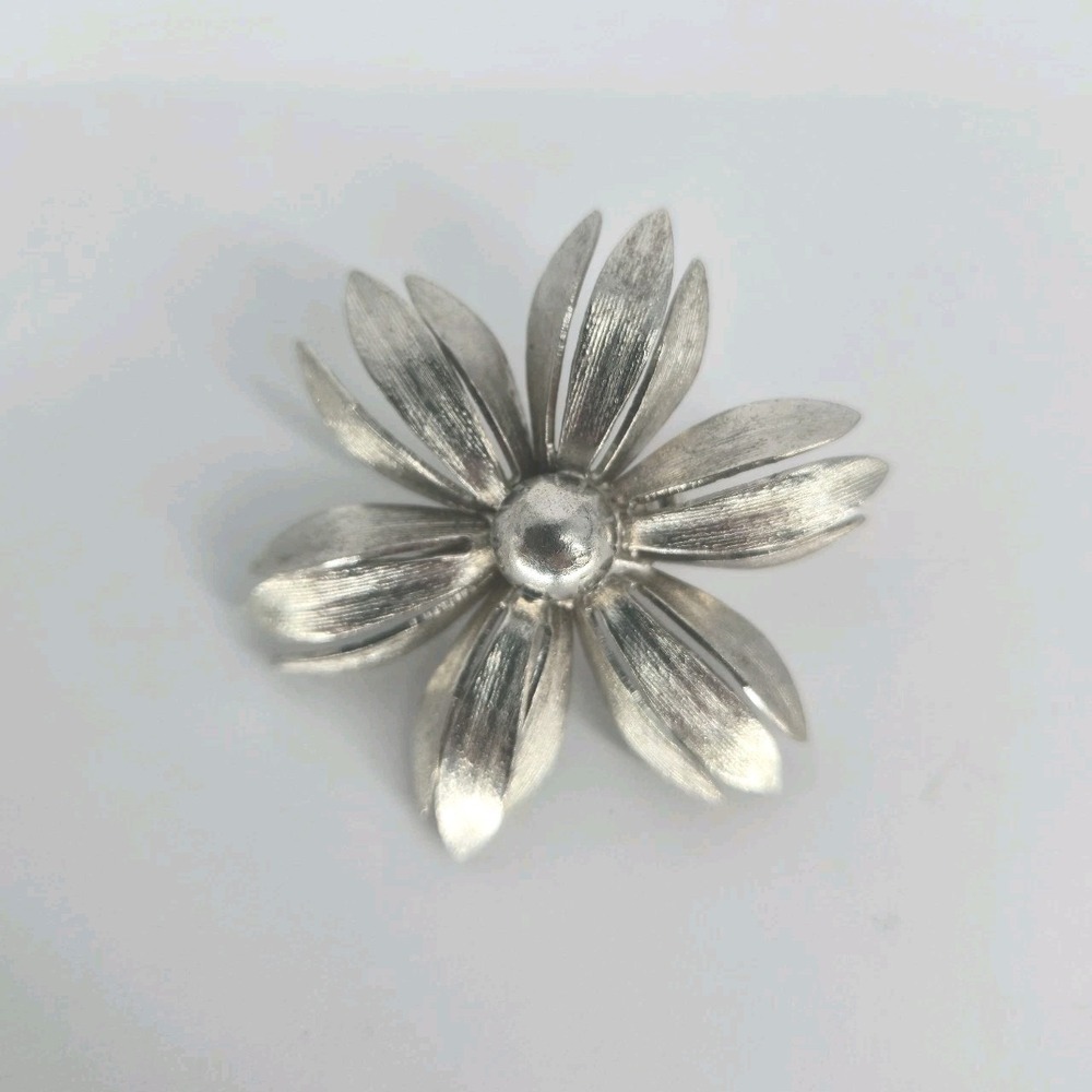 Silver Tone Danish Modern Floral Flower Brooch Pin MCM Layered Petal Domed VTG